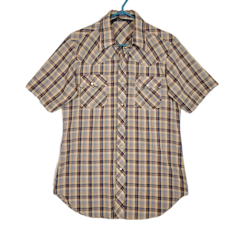 Vintage Lariat Western Pearl Snap Button Up Shirt Mens Medium Plaid Yoked Cowboy